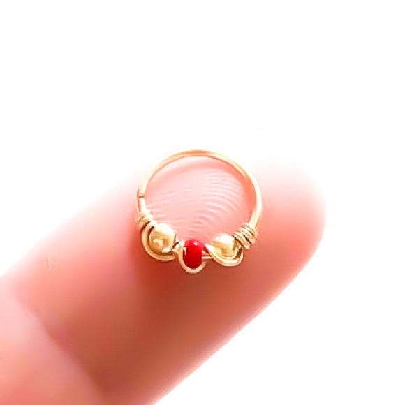 Red Beaded Nose/Septum Ring &/or Cartilage Tragus Helix Upper Ear Hoop Earring - Picture 2 of 10